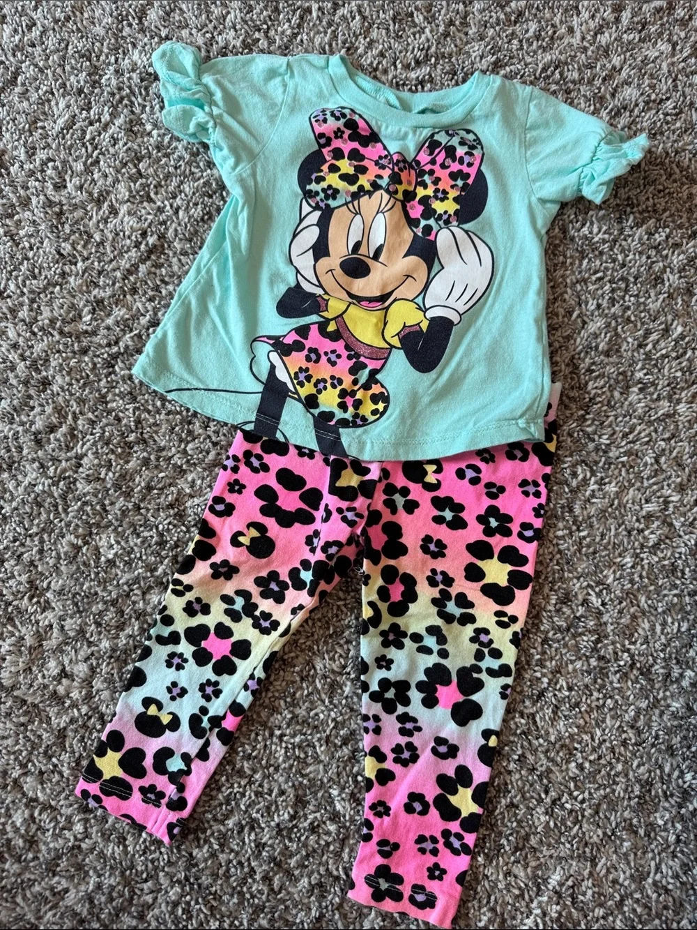 Disney Mint Minnie Mouse Tee with Pastel Leopard Leggings